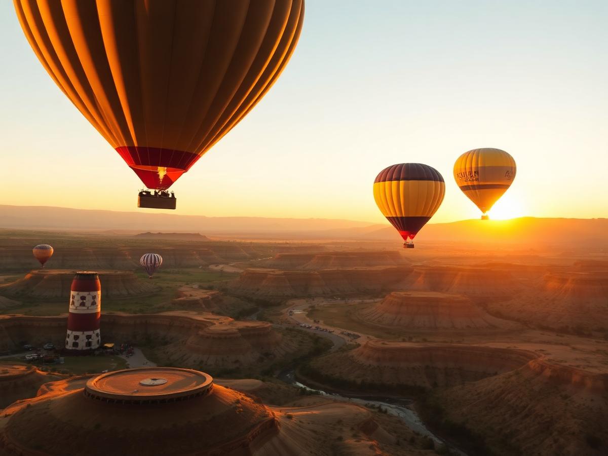 Balões de ar quente ao amanhecer sobre um vale.