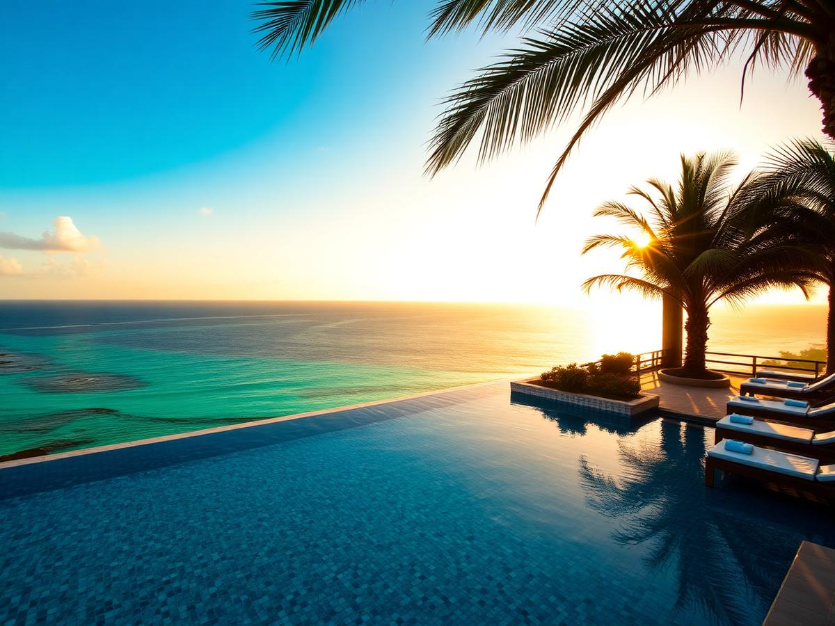 Piscina com vista para o mar ao fim do dia, num destino de viagem.